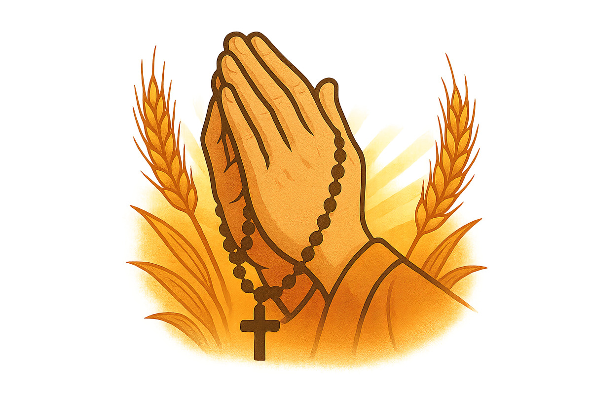 Praying hands with rosary and wheat,, an Illustration by Dvoevnore photos