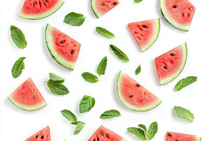Watermelon slices and mint leaves su, a Food & Drink Photo by Pixeness Studio