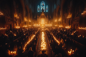 People gather in candlelit church fo, a Photo by Tanuart