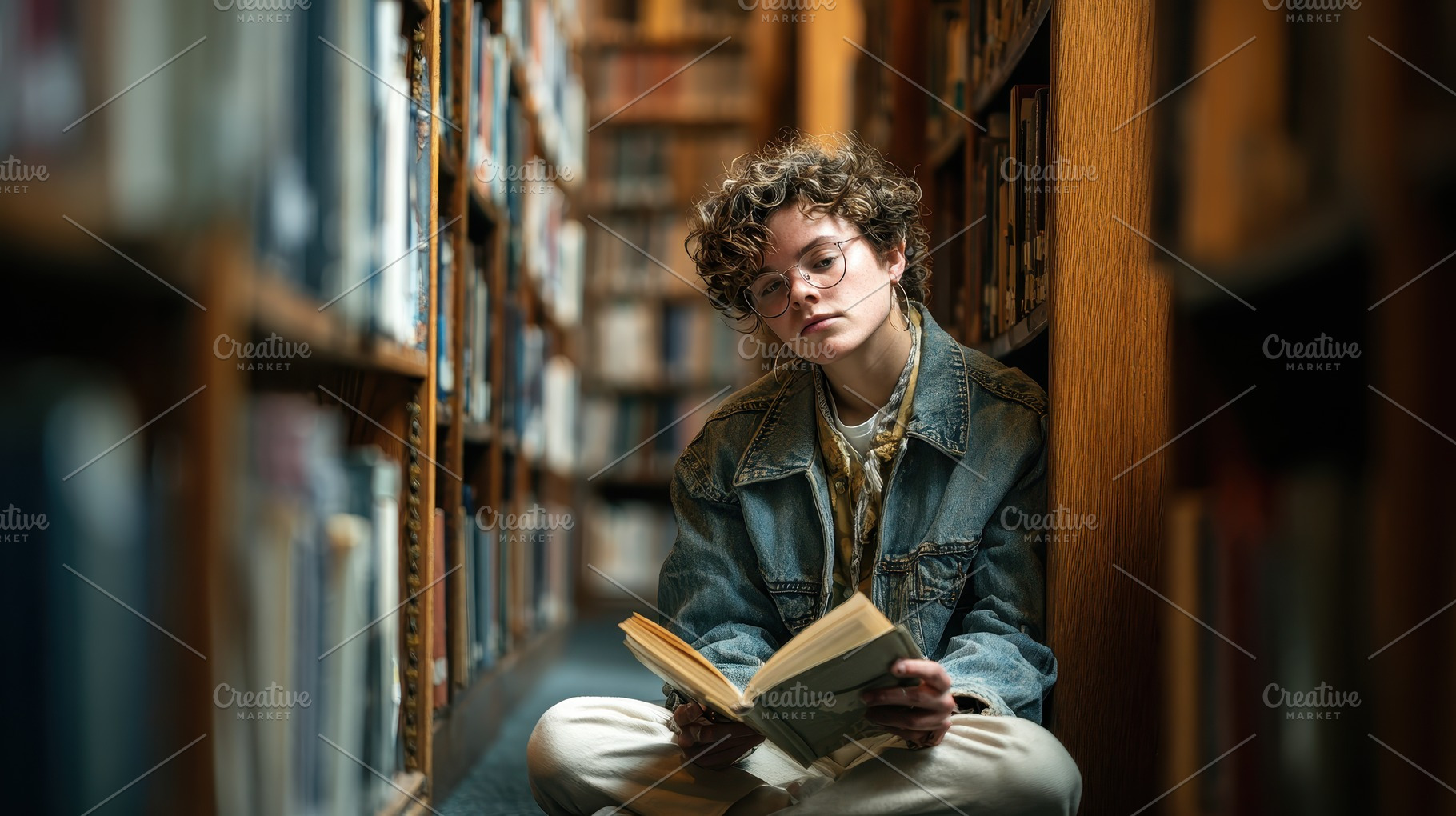 Young person reading book library sh, a Photo by Pixeness Studio