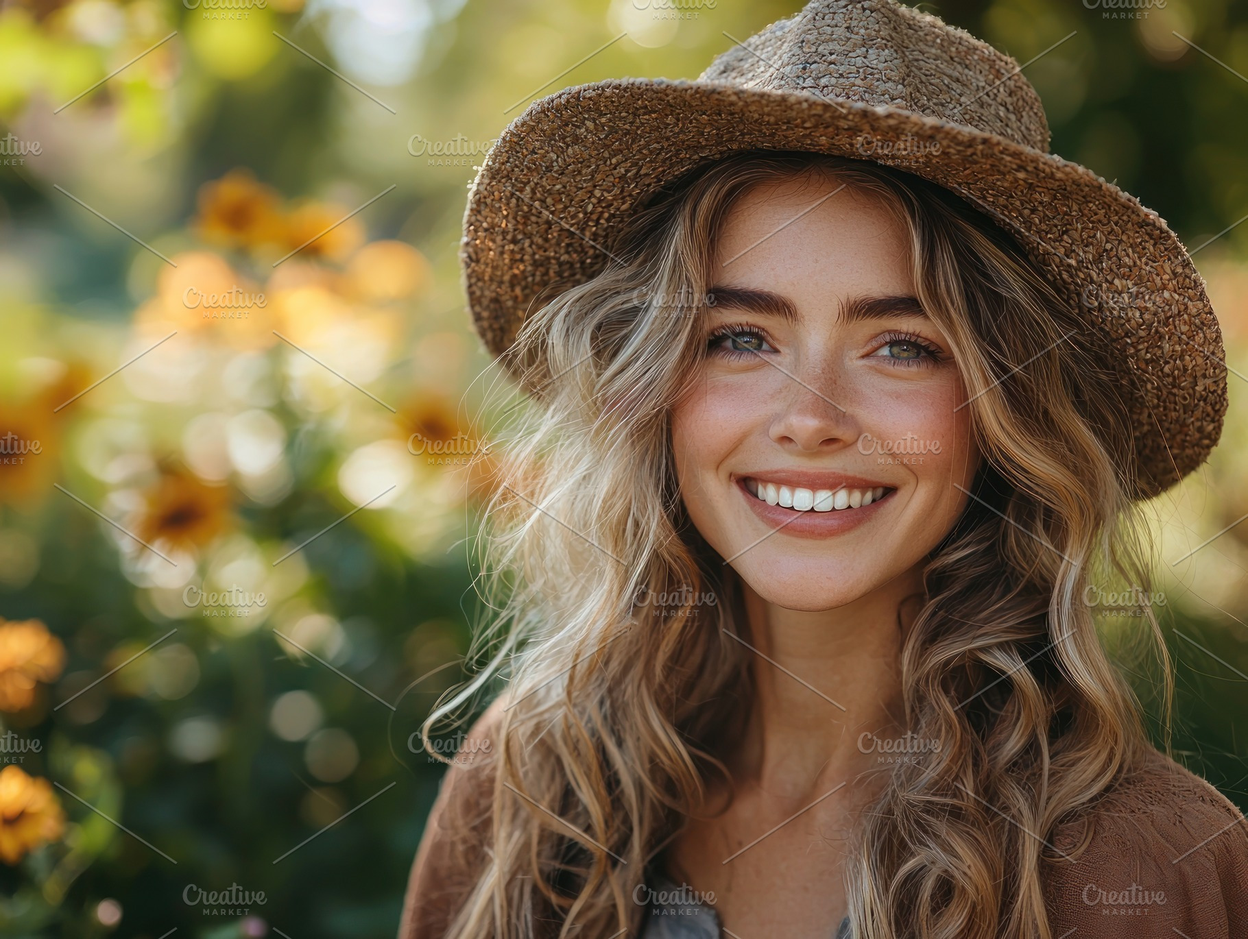 Smiling young woman with long wavy hair wearing straw hat in sun, a Nature Photo by José Manuel Gelpi