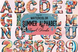 Watercolor Summer Alphabet Clipart, an Illustration by SVGArt