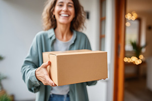 Smiling woman with delivery box at home entrance, an Industrial Photo by AlyaAnd