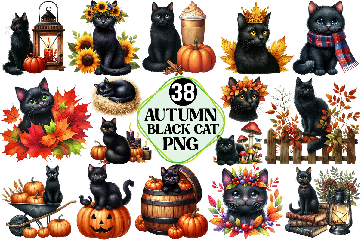 Autumn Black Cat Clipart, an Illustration by Pixels.Craft (Photo 1 of 7)