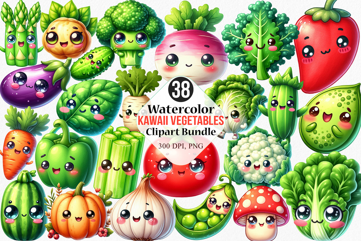 Watercolor Kawaii Vegetables Clipart, an Illustration by Canvas Craft (Photo 1 of 7)