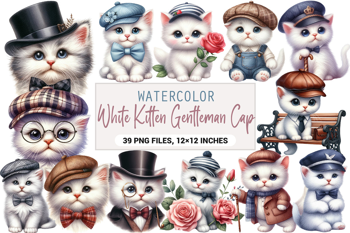 White Kitten Gentleman Cap Clipart, an Illustration by DreamArtGraphic (Photo 1 of 4)