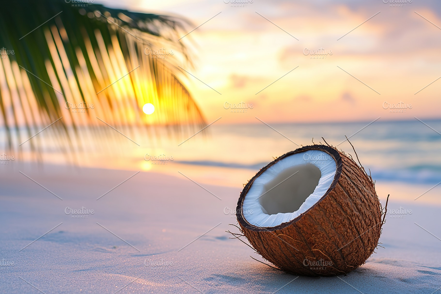 Fresh coconut on sandy beach on seaside background, a Food & Drink Photo by AlyaAnd