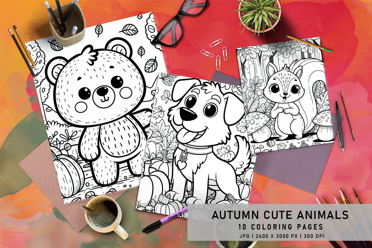 Autumn Cute Animals Coloring Pages, a Seasonal Illustration by Digital Art Creations (Photo 4 of 4)