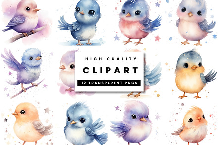Watercolor Cute Birds Clipart