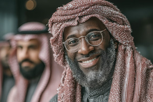 Smiling arab man in traditional attire, showcasing happiness and cultural pride, a Photo by AS photostudio