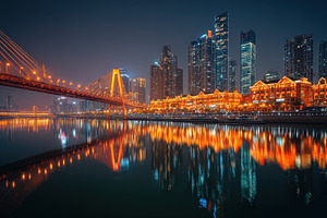 Night cityscape bridge reflection vi, a Photo by Pixeness Studio