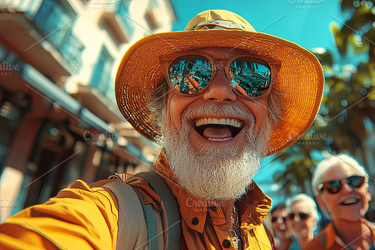 Joyful senior friends capturing a vibrant moment on vacation, an Illustration by AS photostudio
