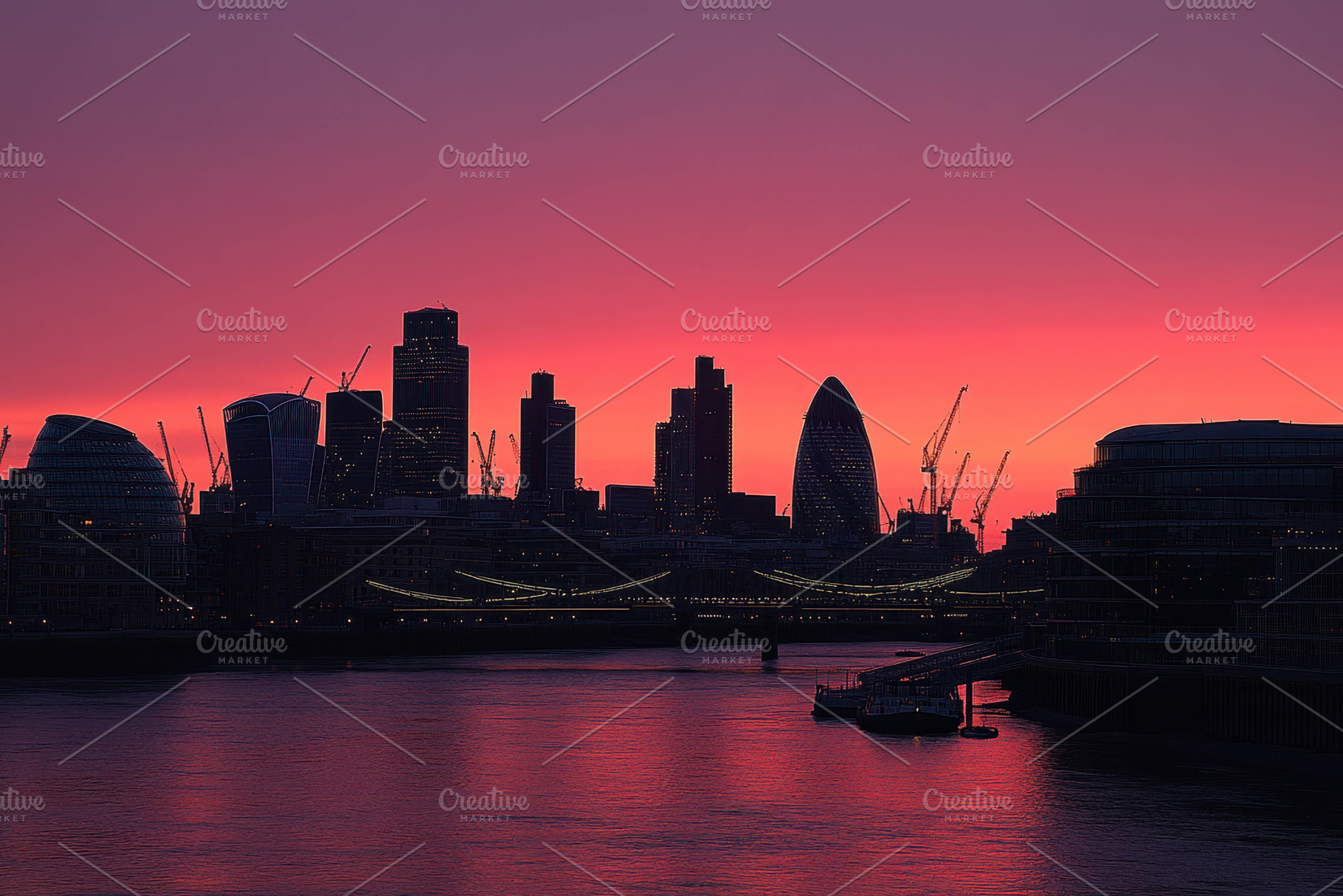 Vibrant sunset over a city skyline w, a Photo by Tanuart