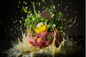 Beef tartar with egg yolk and greens, a Food & Drink Photo by Rodica Ciorba