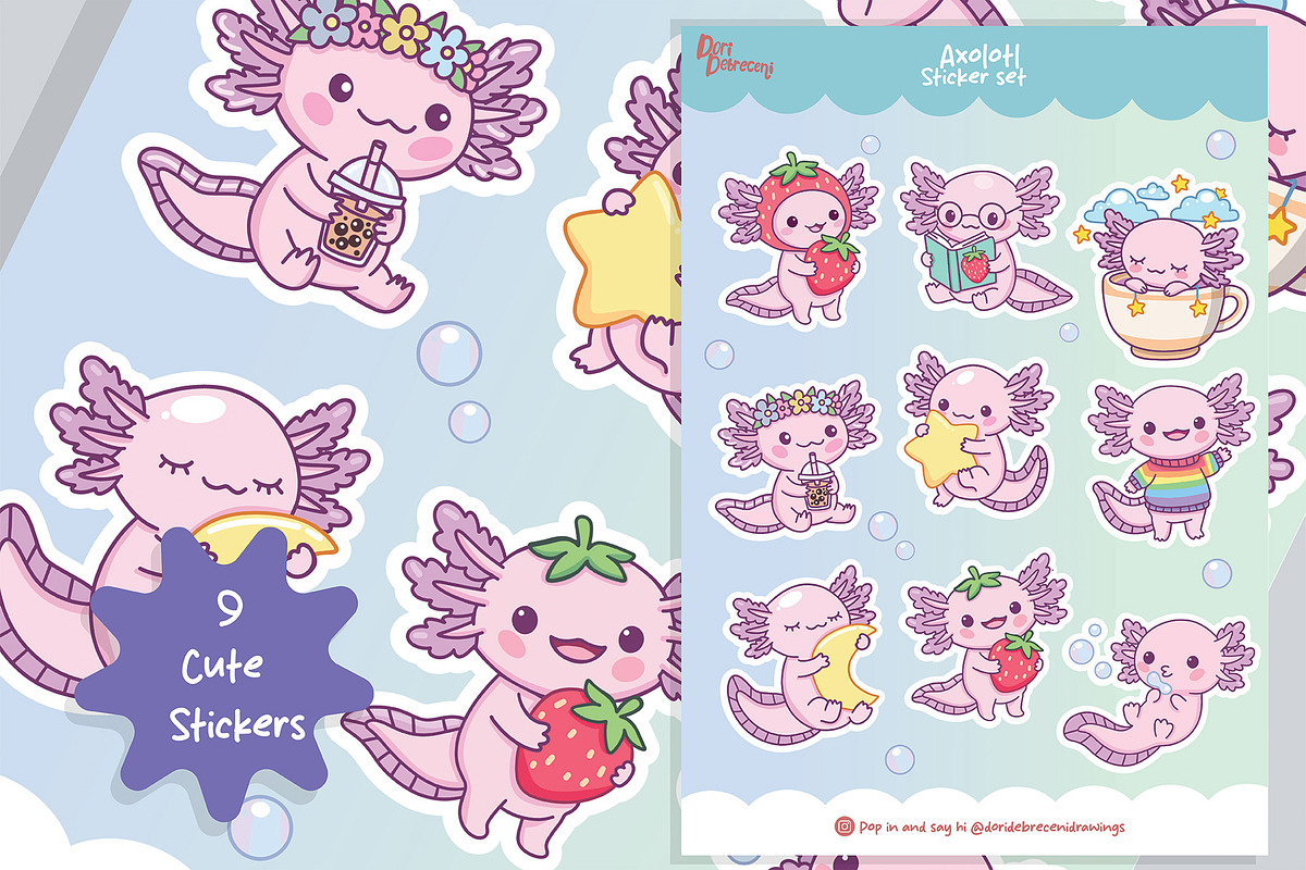 Cute Axolotl Sticker Set, an Animal Illustration by Dori Debreceni draws (Photo 4 of 4)