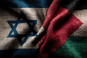 Israeli and Palestinian flags merged on textured fabric symbolizing conflict, t, a Background Photo by José Manuel Gelpi