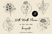 Birth Month Flower Line Bouquets, a Decorative Illustration by WatercolorWind (Thumbnail 1 of 7)