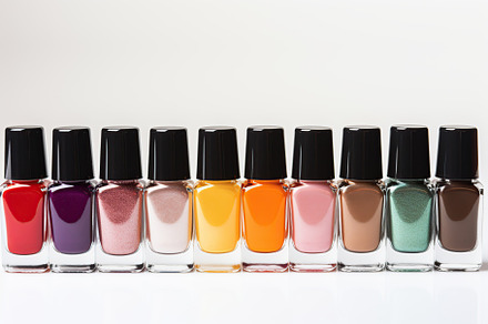 Bottles of colorful nail polish on white background, a Beauty & Fashion Photo by AlyaAnd