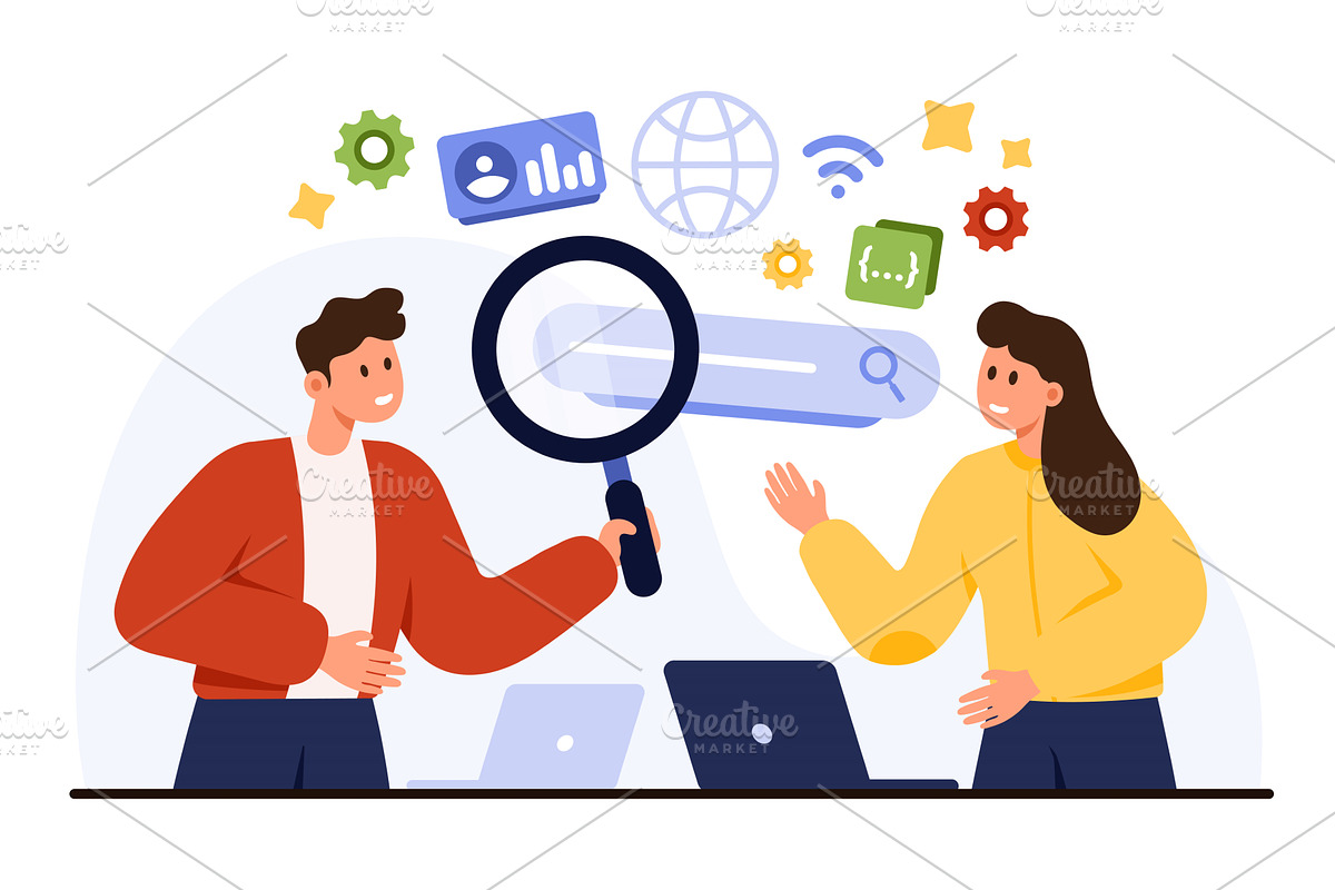 Teamwork Analyzing Search Engine, a Technology Illustration by Flashvector