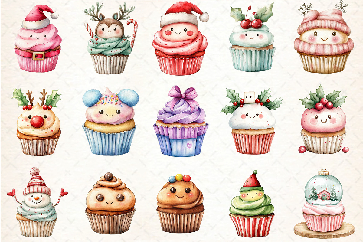 Christmas Kawaii Cupcakes Clipart, an Illustration by DreamCafeArt (Photo 2 of 5)