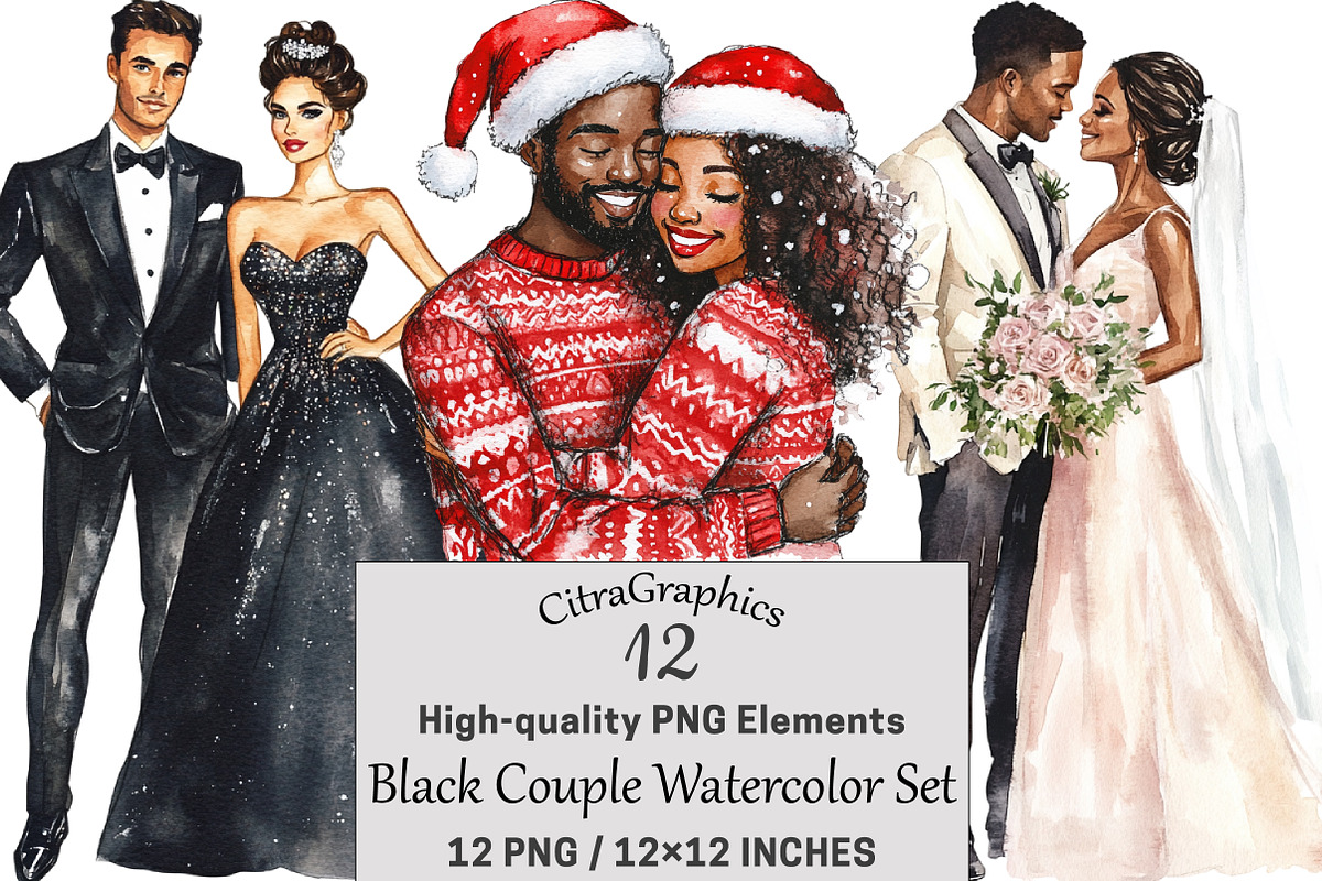 Black Couple Watercolor Set, a Seasonal Illustration by CitraGraphics (Photo 1 of 3)