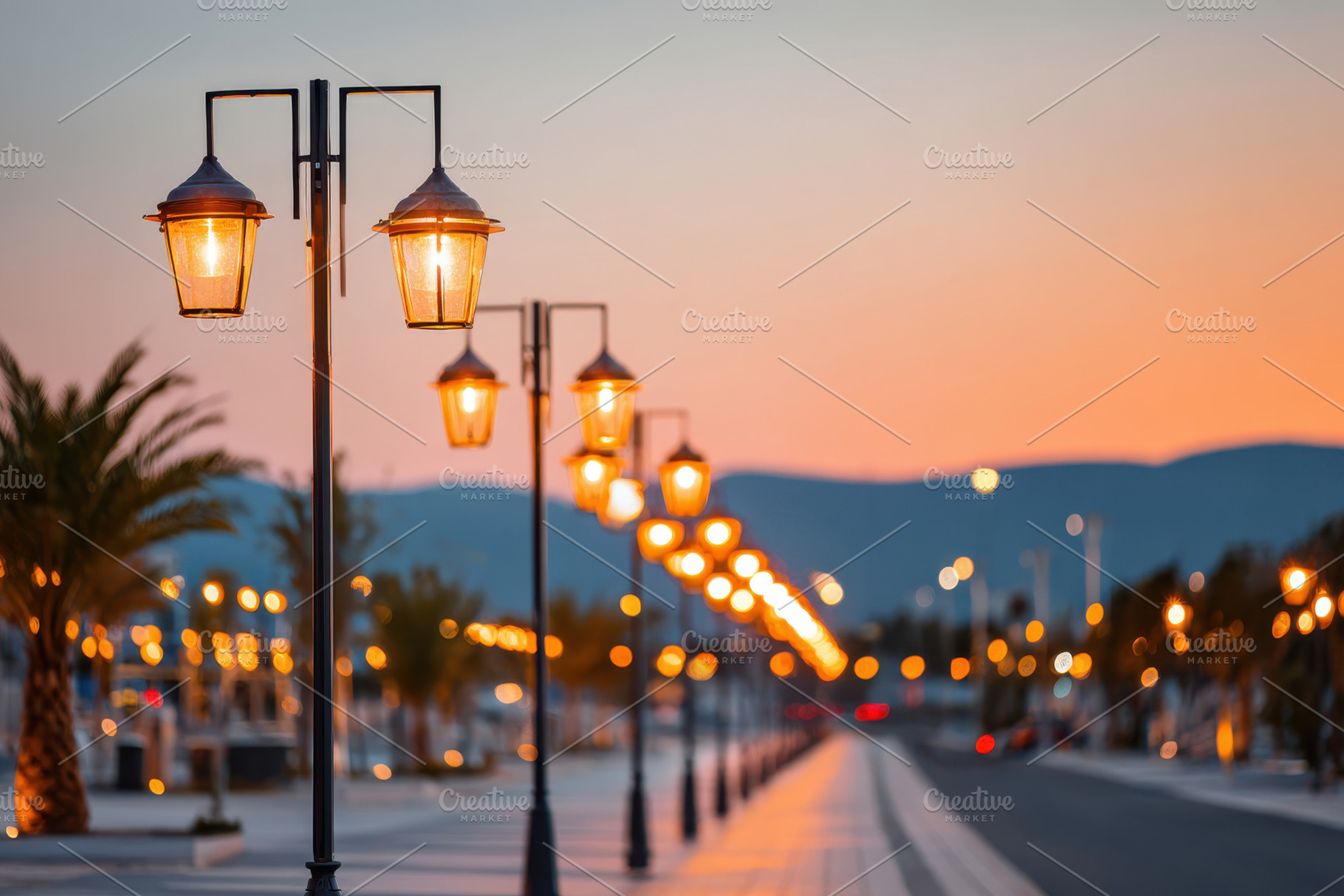 Serene waterfront sunset with illuminated lanterns, a Wallpaper Photo by AlyaAnd