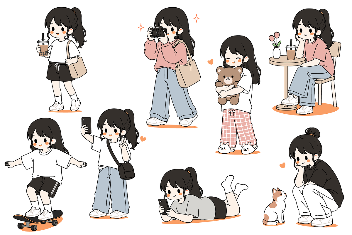 Girl Daily Activities Set Cartoon 2, a Person Illustration by Artpon Illustration (Photo 1 of 3)