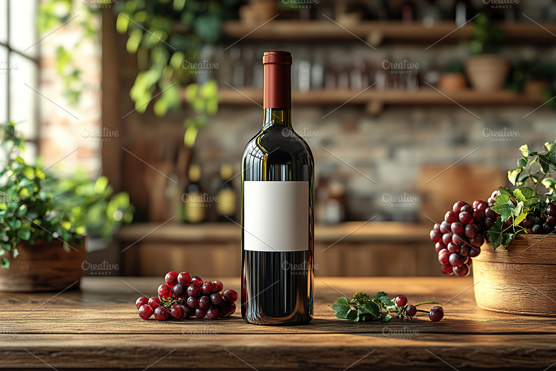 Blank label wine bottle set on wooden table with grapes and green plants in a r, a Food & Drink Photo by AlyaAnd