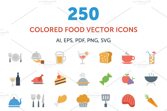 250 Colored Food Vector Icons