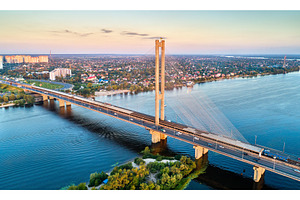 The southern bridge across the featuring dnieper, ukraine, and kiev, an Architecture Photo by Leonid Andronov