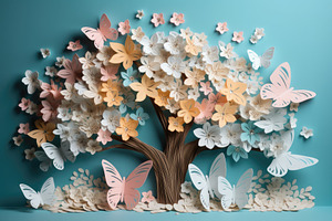 Artistic Papercraft With A Blossom Tree With Many Flowers And Bu