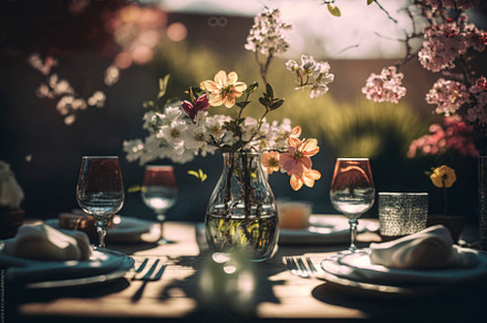 Informal spring meal in the outdoor garden, the table set for lunch and decorat