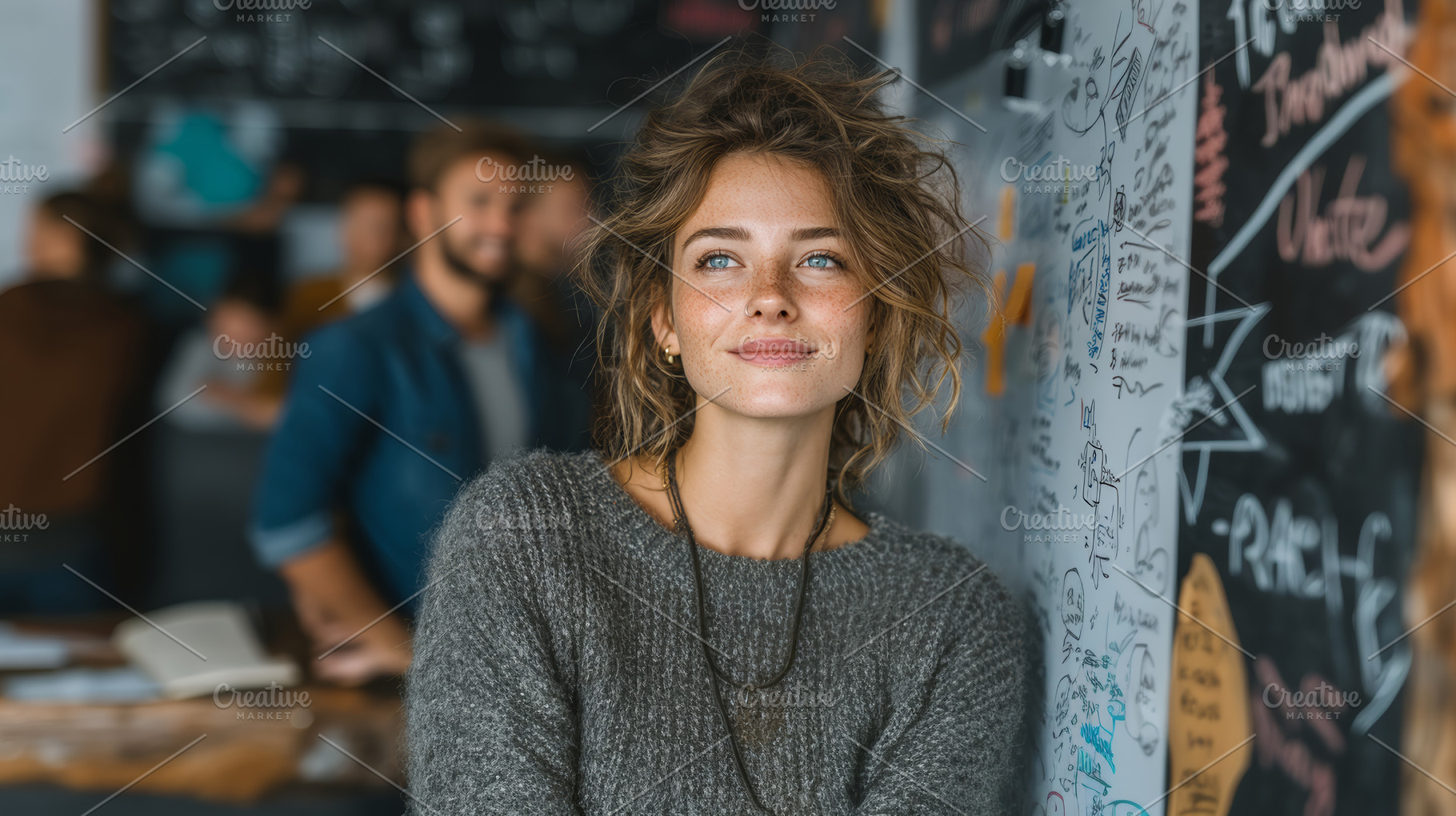 Smiling woman leaning on whiteboard in collaborative office environment, a Person Photo by AS photostudio