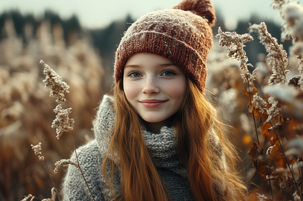 Smiling girl in wool hat on a snowy, a Person Photo by MistyDay