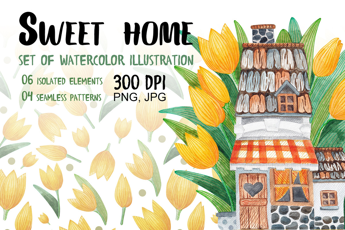 Watercolor house in yellow tulips, an Illustration by palllna (Photo 1 of 4)