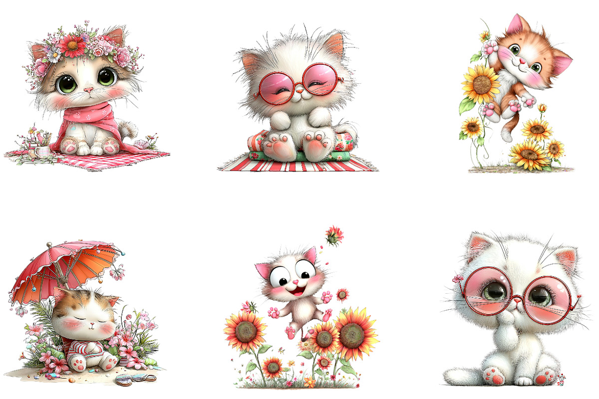 Whimsical Summer Cat Clipart, a Seasonal Illustration by CreationArt (Photo 2 of 5)