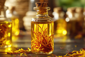 Saffron infused oil in a glass bottl, a Photo by Tanuart