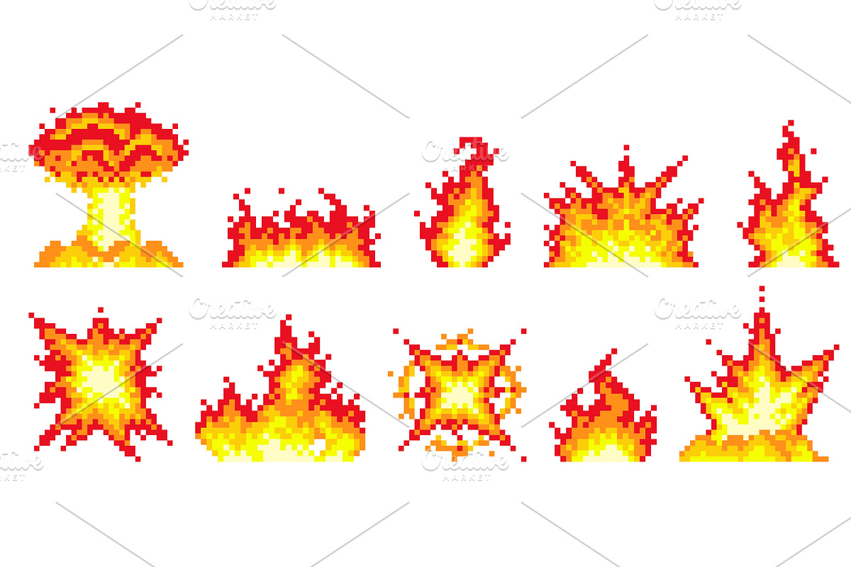 Pixel flames and explosions. Flashes, an Object Illustration by YummyBuum