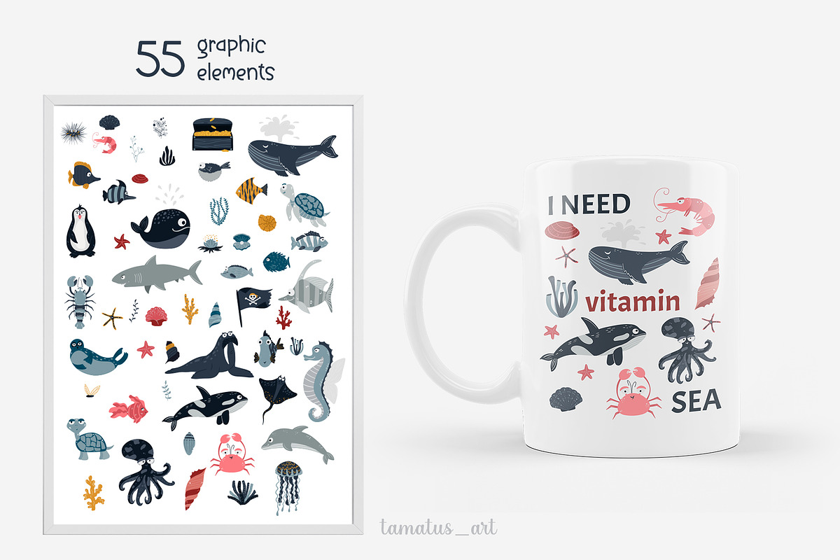 Sea Life clipart & pattern, an Animal Illustration by tamatus_art (Photo 6 of 9)
