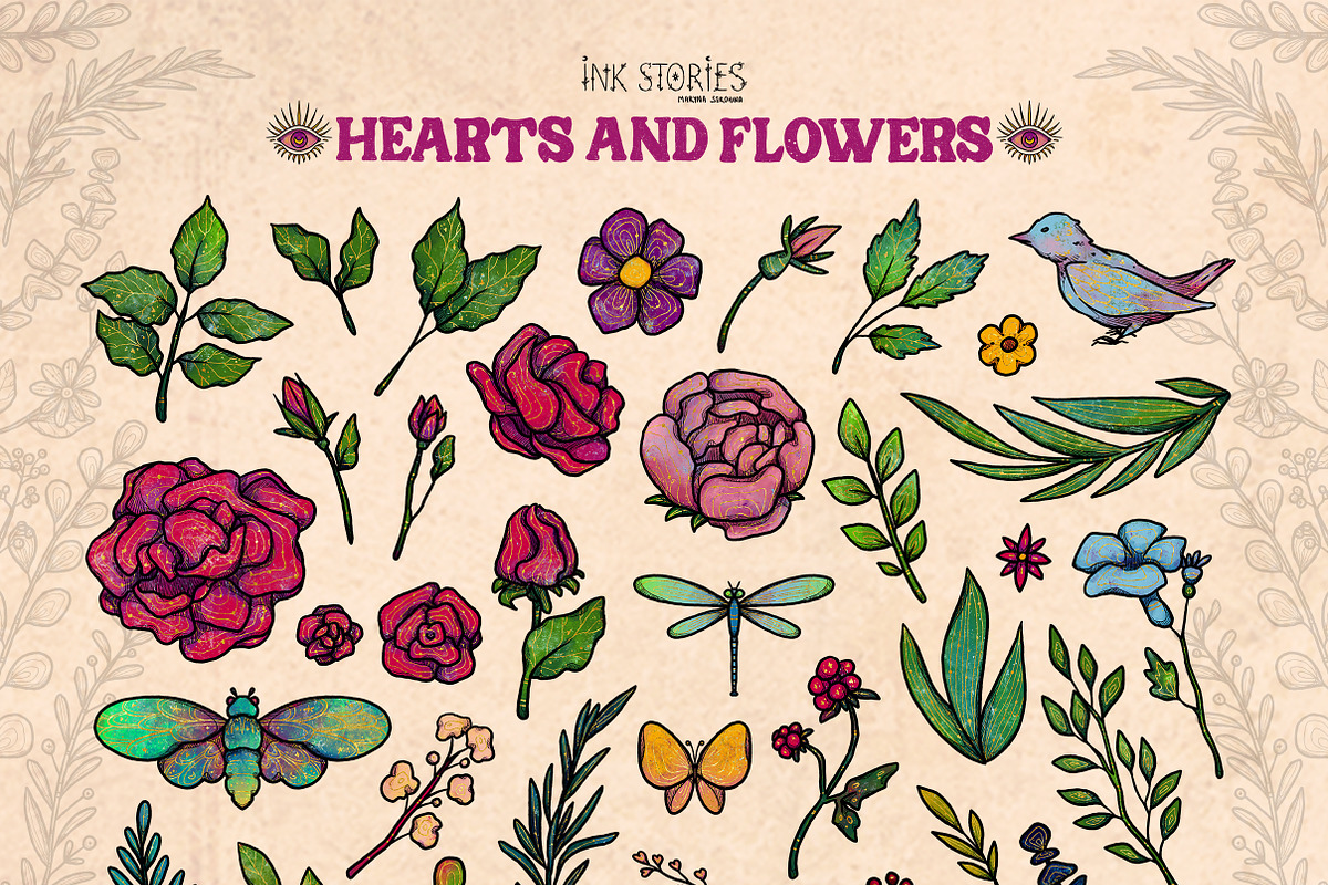 Hearts and Flowers Boho Vintage Set, a Decorative Illustration by Ink Stories (Photo 2 of 24)