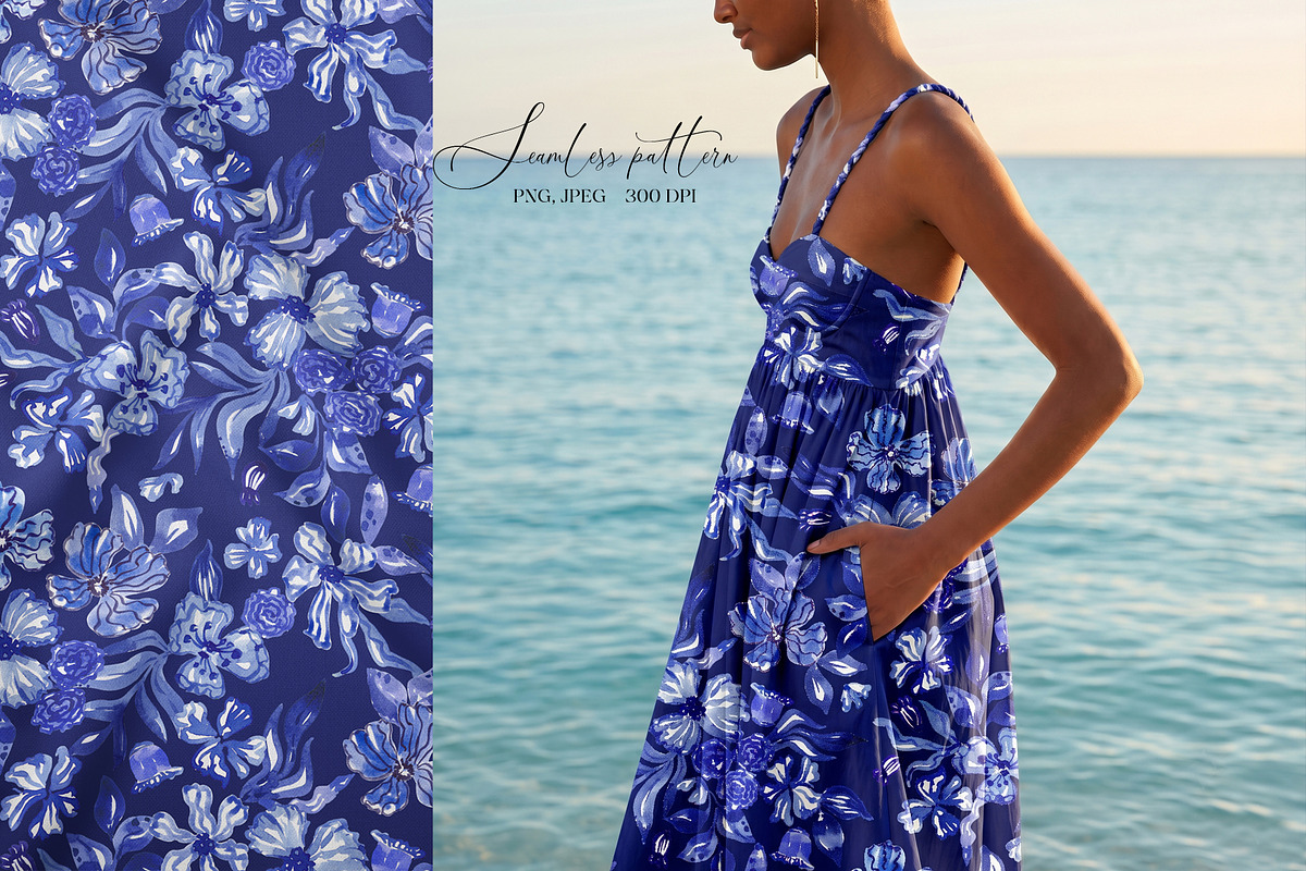Cobalt Blue Fashion Floral Print, a Pattern Graphic by SirenaArt (Photo 2 of 17)