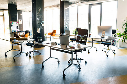 The interior of big bright empty modern office after work stock photo, a Technology Photo by HalfPoint