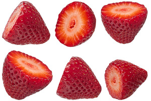 Close up of six halved strawberries arranged on background. Fres, a Food & Drink Photo by ndanko
