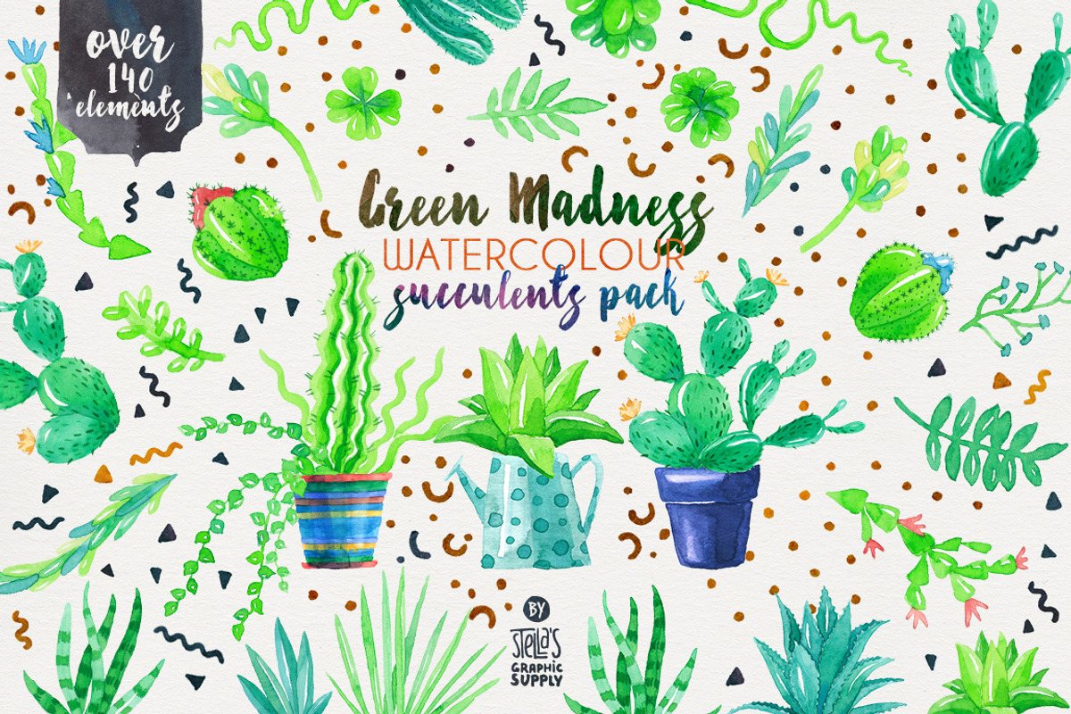 Green Madness-Watercolor Succulents, an Illustration by Stella's Graphic Supply (Photo 1 of 6)