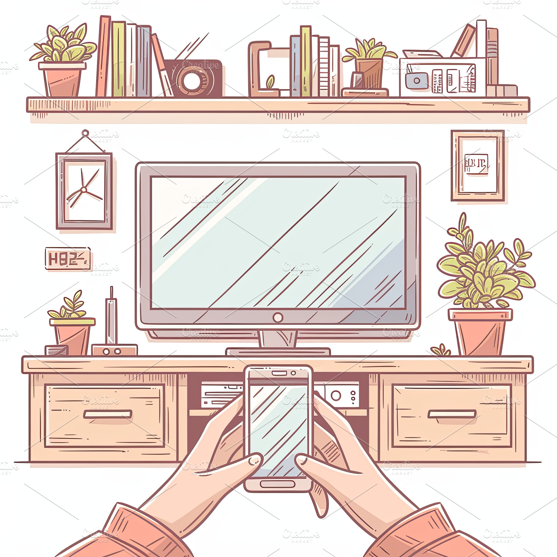 Illustration of a home entertainment system with hands holding a smartphone, a Photo by AS photostudio