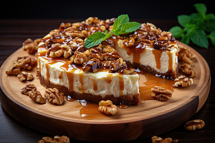 Cheesecake with caramel and nuts on wooden table, a Food & Drink Photo by AlyaAnd
