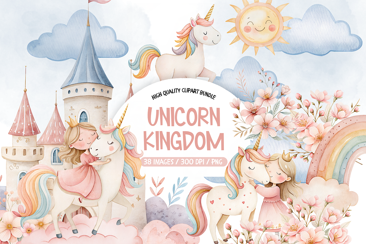 Unicorn And Princess Clipart, an Illustration by TatiMockup (Photo 1 of 4)