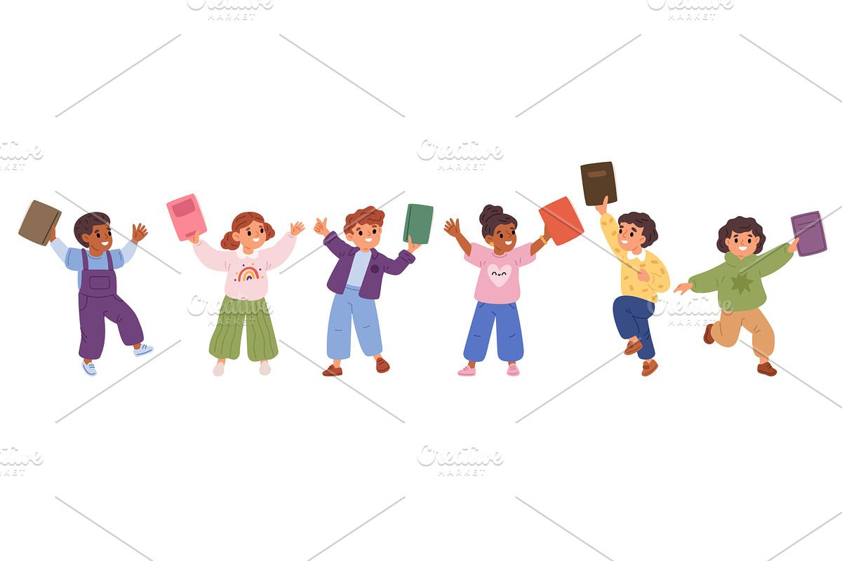 Little girls and boys hold books in, an Education Illustration by Vectorbuum