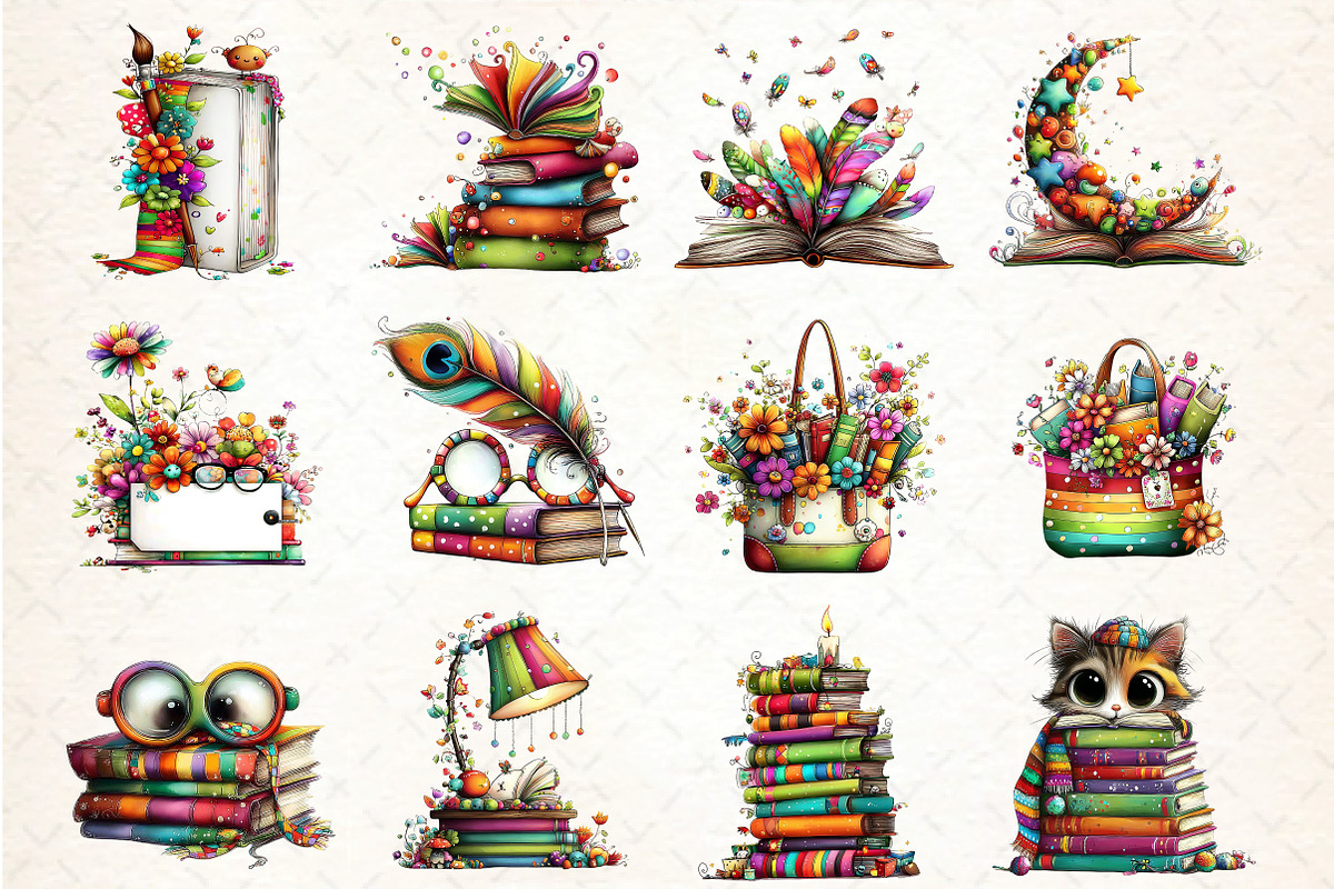 Whimsical Book Lovers Clipart, an Illustration by DreamCafeArt (Photo 2 of 4)