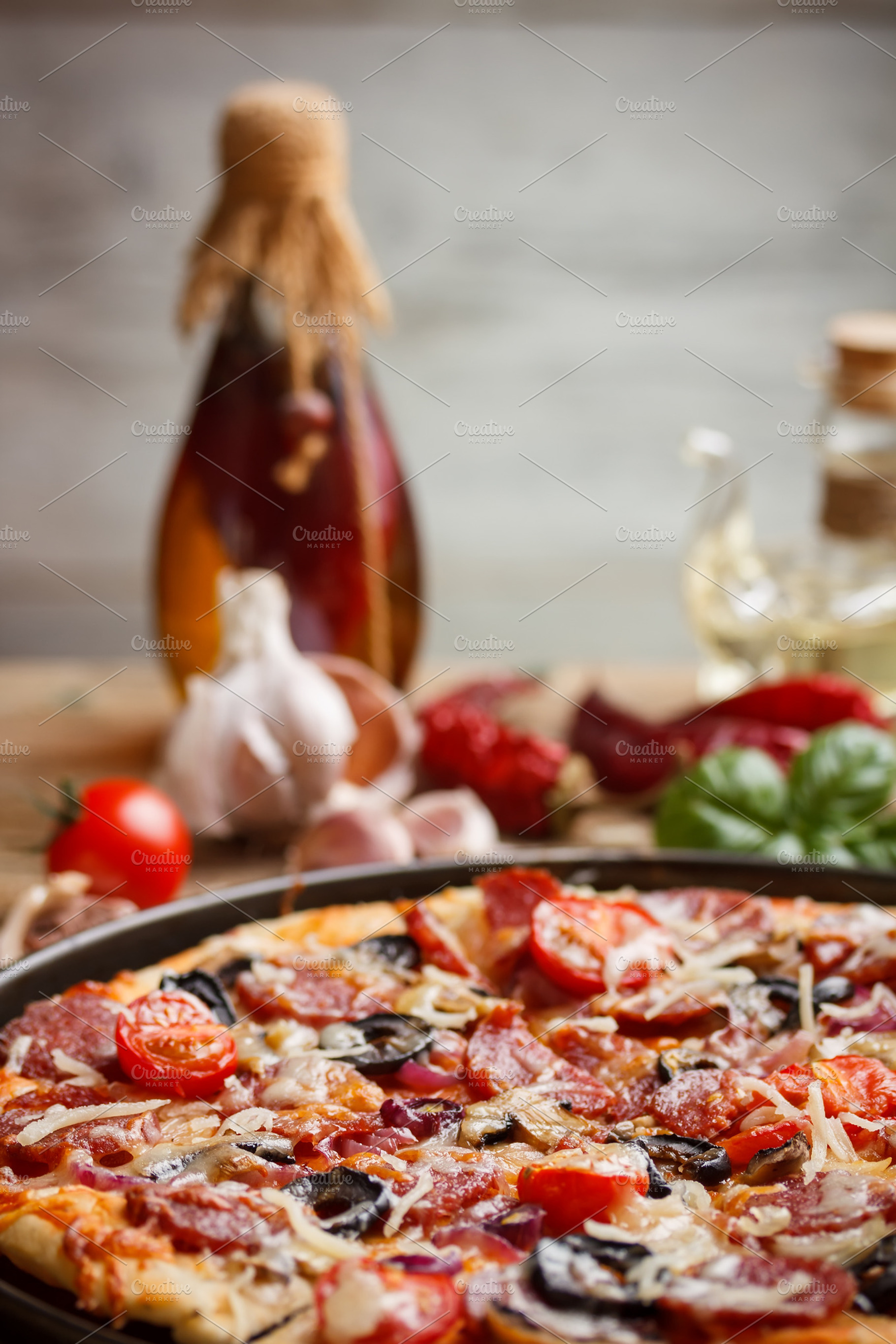 Homemade pizza stock photo containing food and garlic